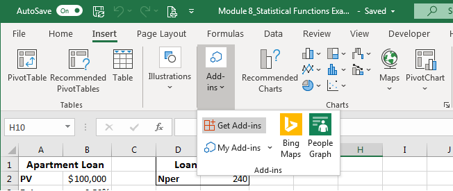 Excel screenshot of the Insert tab, Add-ins button displaying the dropdown menu options.