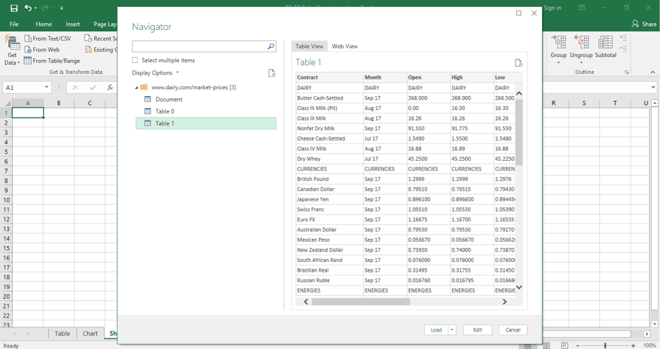 A blank Microsoft Excel sheet is open. The search dialog box has returned several results but the option to select and load table one is demonstrated.