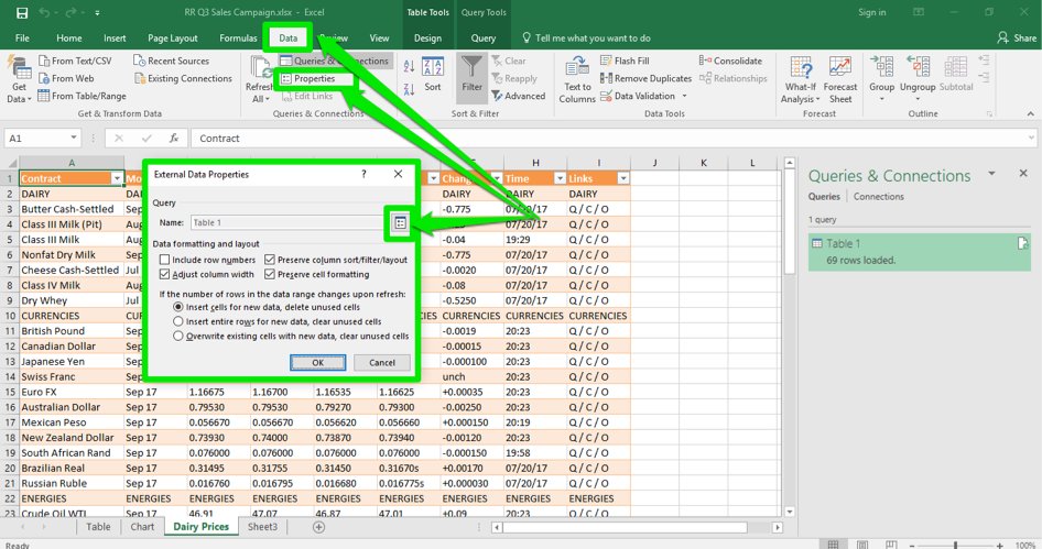 An excel sheet is open with the newly loaded data table inserted. There are three green arrows, the first one is pointing at the data tab in the ribbon menu. The second is pointing at the properties button and the third is pointing at the query properties button.