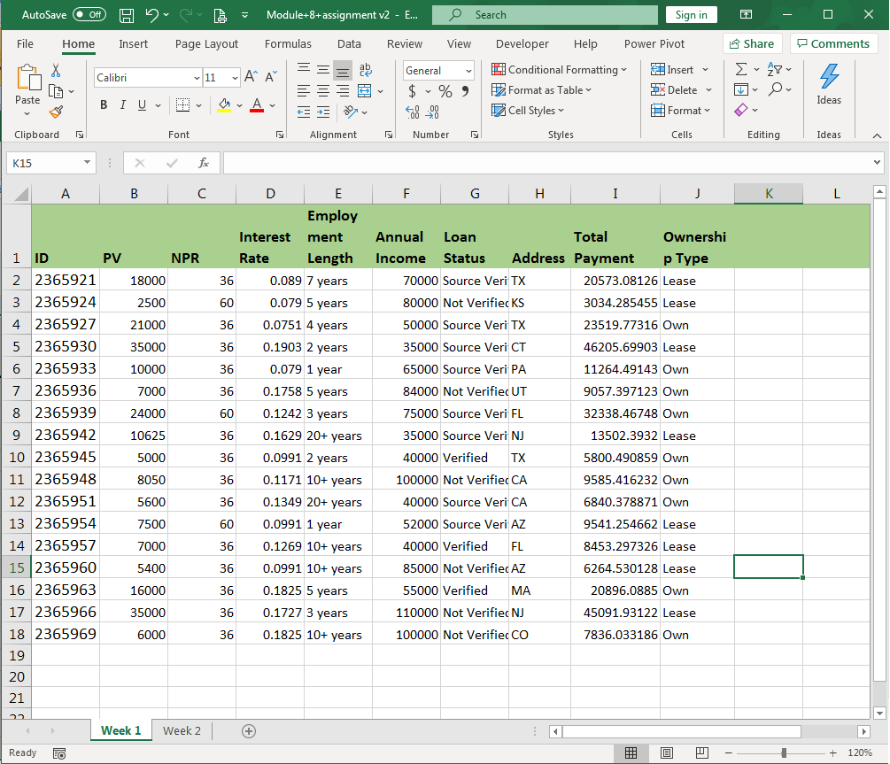 Screenshot of the assignment file where row one has been changed to have a green background and bold text.