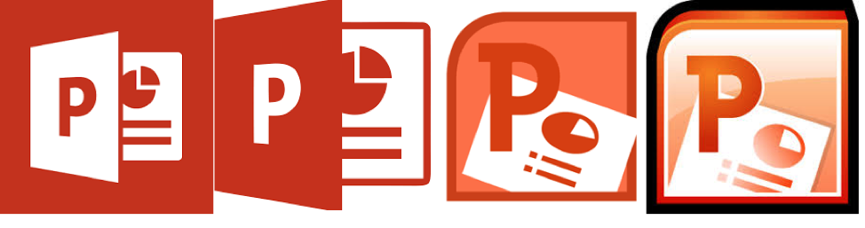 4 different application icons for Microsoft PowerPoint are displayed. The oldest version is on the right and the newest on the left.