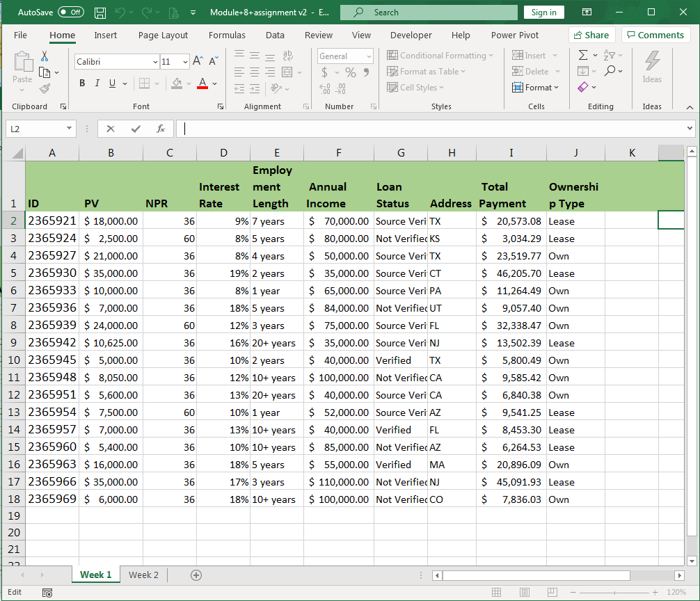 Screenshot of the assignment file where the interest rate column has been changed to a percent format.