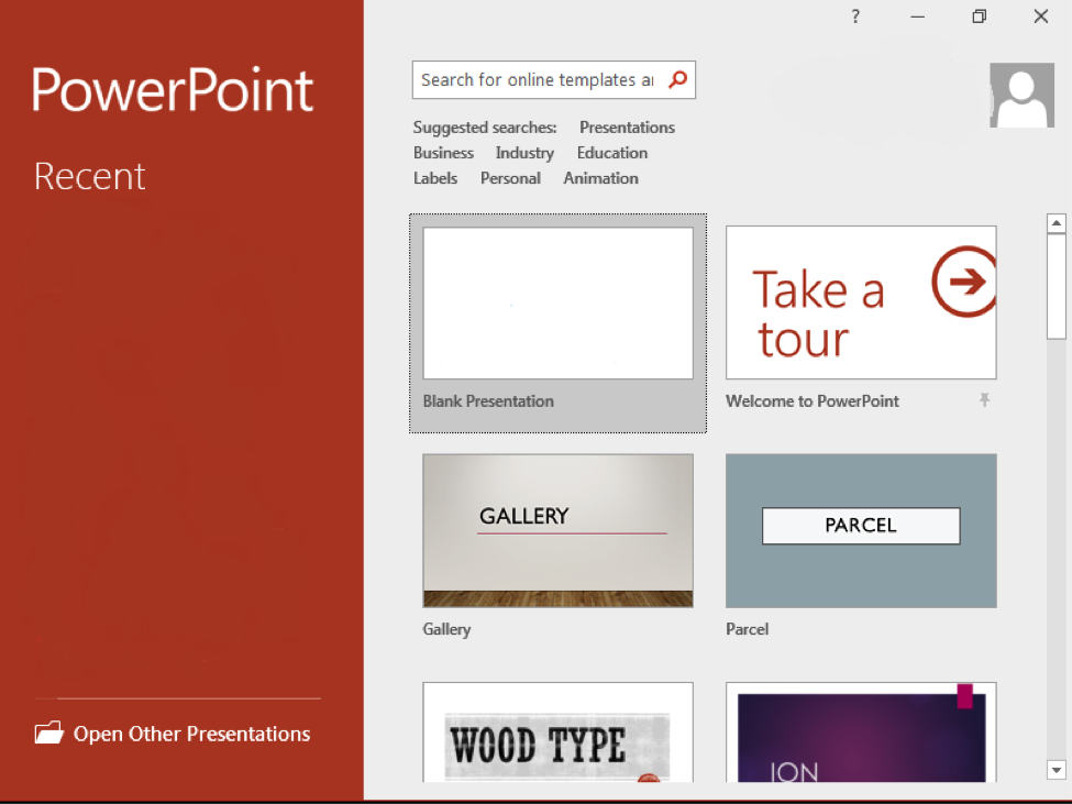 The backstage view of a Microsoft Powerpoint.