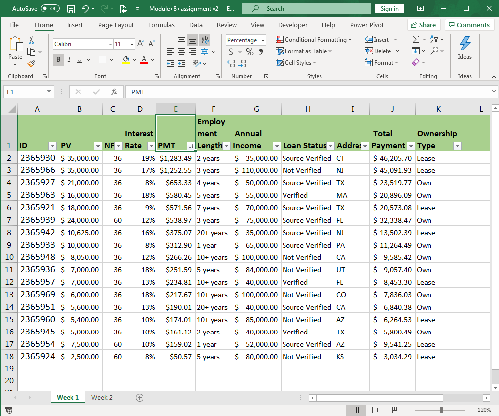 Screenshot of the assignment file with filter arrows on every heading cell in the first row.