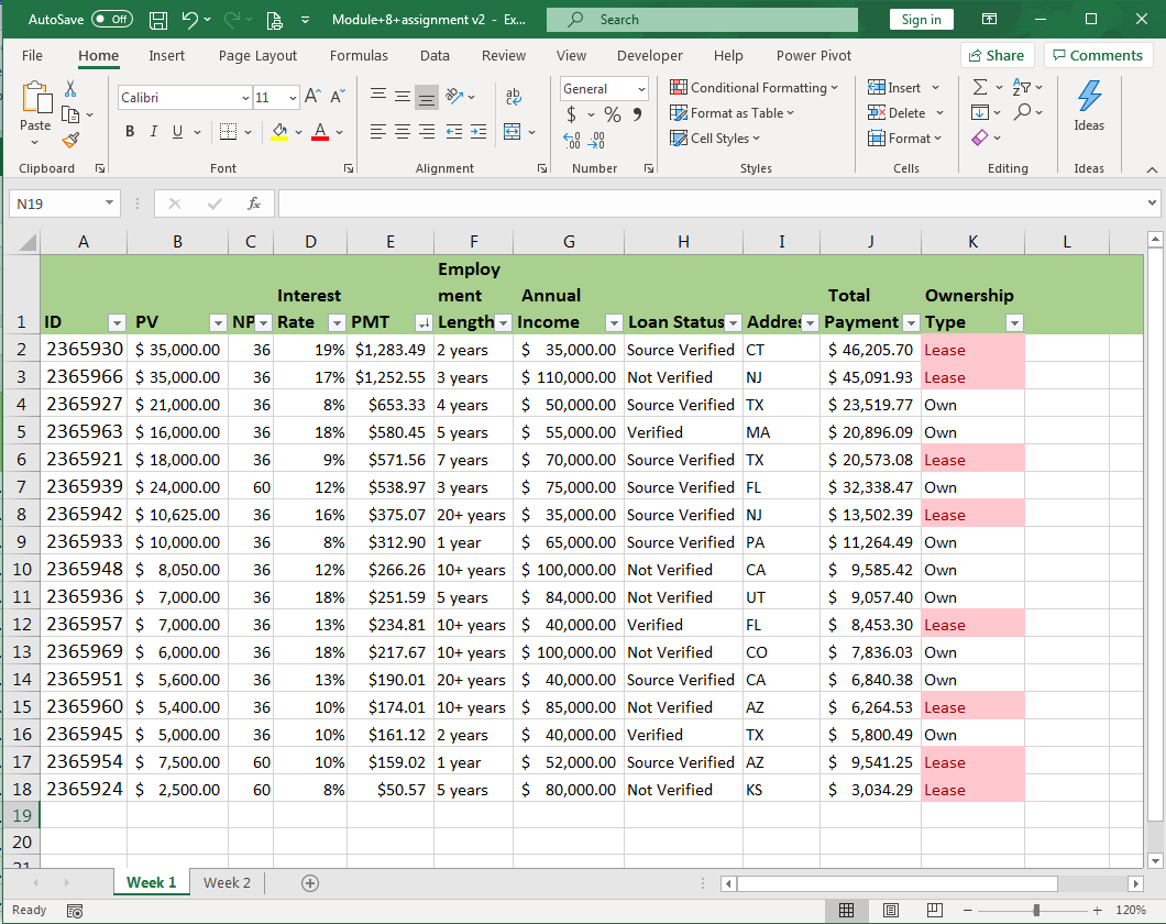 Screenshot of the assignment file. All cells in column K that read Lease are highlighted in red.