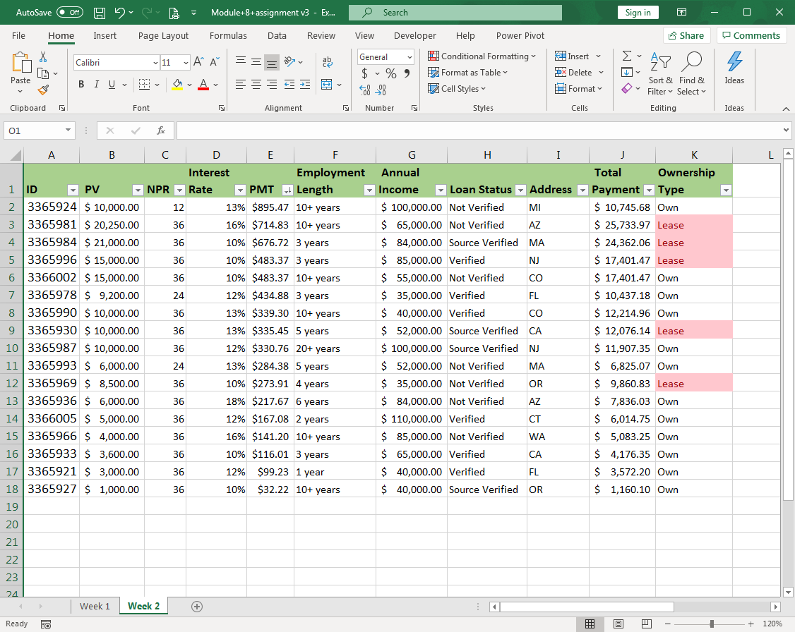 Screenshot of the assignment file. All changes that had been manually made to Week 1 have been made to Week 2.