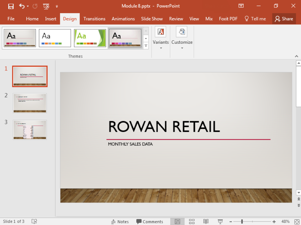 A Microsoft Powerpoint deck is open with 3 slides created. A new design feature has been added making the slide deck more visually appealing.