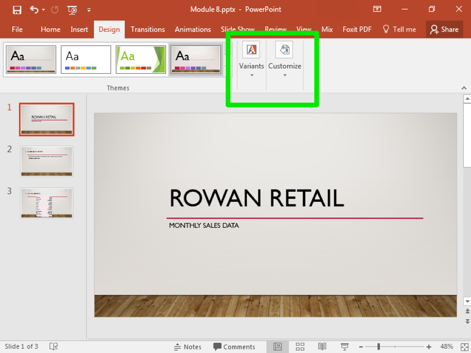 A Microsoft Powerpoint deck is open with 3 slides created. A new design feature has been added making the slide deck more visually appealing. A green box shows how to adjust the variants and how to customize the page.