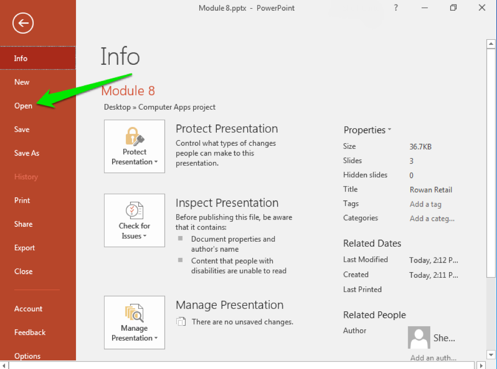 A Microsoft Powerpoint presentation information file is displayed. There is a green arrow pointing to the option to open a pre-existing powerpoint.