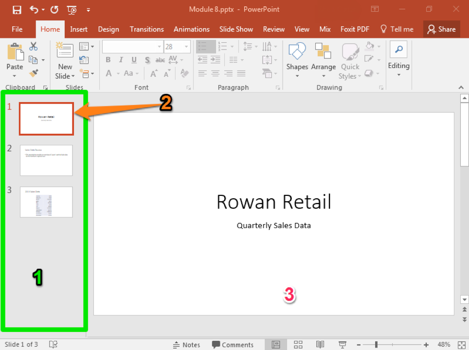A Microsoft Powerpoint deck is open with 3 slides created. There are three numbers each with a different color used to represent important parts of the powerpoint. The first one is green and is showing the slide thumbnail view. The second is orange and it demonstrates where the active slide thumbnail is. Finally the third one highlights the active slide.