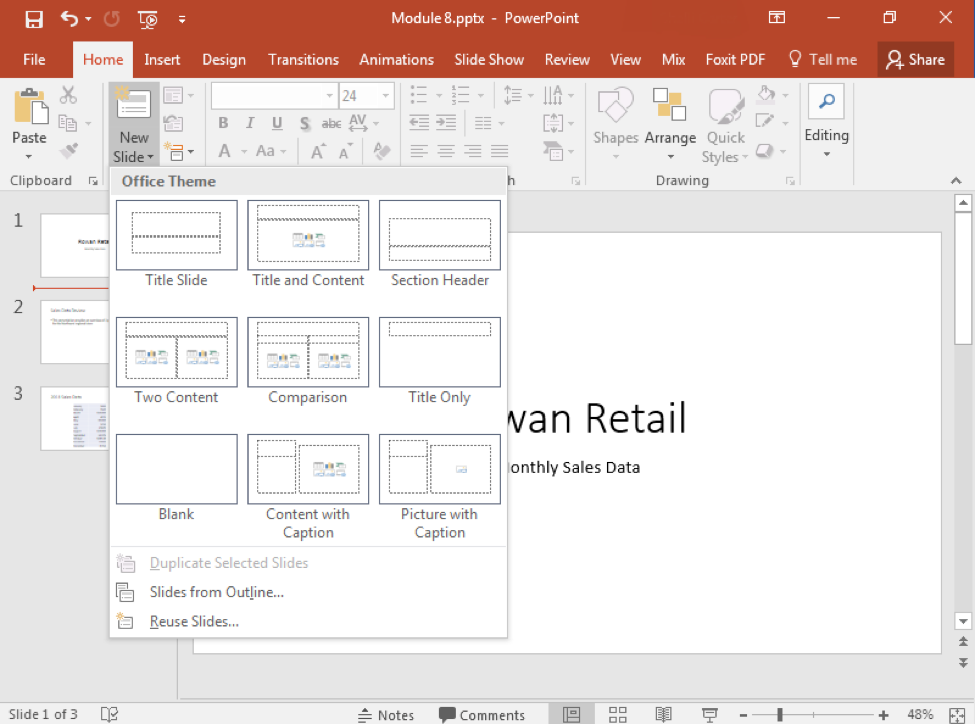 A Microsoft Powerpoint deck is open with 3 slides created. The dropdown menu from the new slide feature is open, displaying the various types of new slide you can insert.