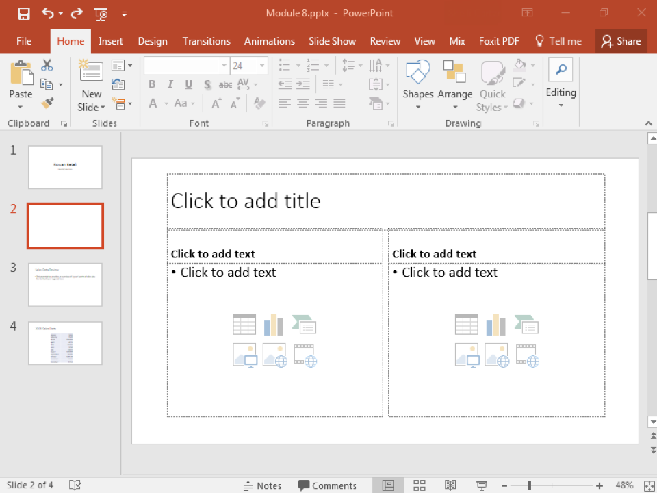 A Microsoft Powerpoint deck is open with 4 slides created. It is specifically on the second slide which has been newly inserted and is currently blank.