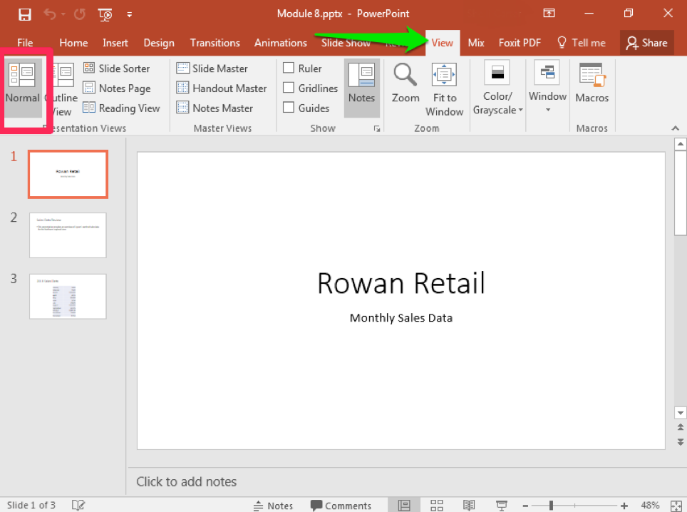 A Microsoft Powerpoint deck is open with 3 slides created. There is a green arrow pointing to the view tab in the ribbon menu.