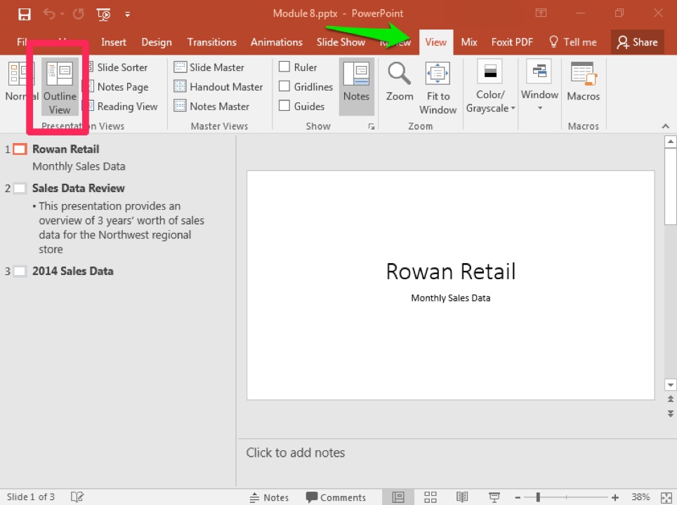 A Microsoft Powerpoint deck is open with 3 slides created. There is a green arrow pointing to the view tab in the ribbon menu. There is a pink box highlighting where the outline view is.