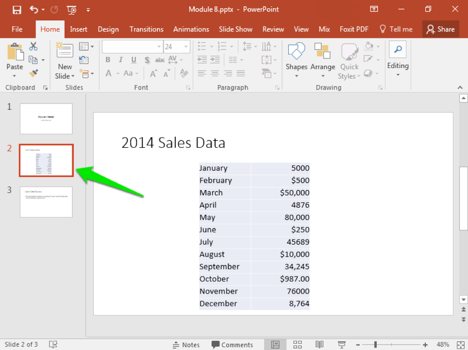 A Microsoft Powerpoint deck is open with 3 slides created. It is on the second slide where there is a data table open. There is a green arrow pointing to the second slide indicating that it has been selected. This slide has been manually reset to be the second slide in the deck (it was originally the third).