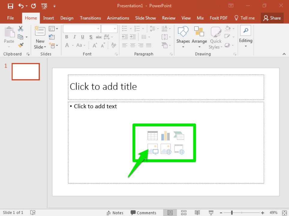 A blank Microsoft Powerpoint is open. The content box on the first slide is highlighted by a green box. There is a green arrow pointing to the picture icon in the content box.