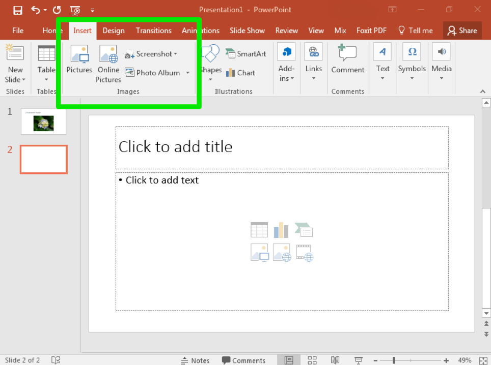 A Microsoft Powerpoint is open with two slides. The second slide has been selected. There is a green box in the ribbon menu highlighting where the insert feature is.