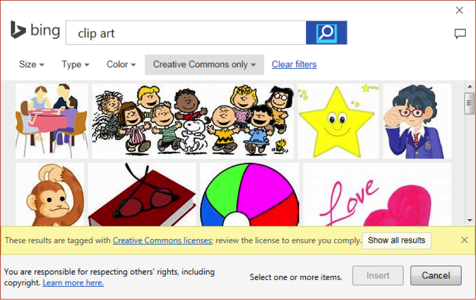 A bing search for clip art is open with 8 images of different clip art appearing.