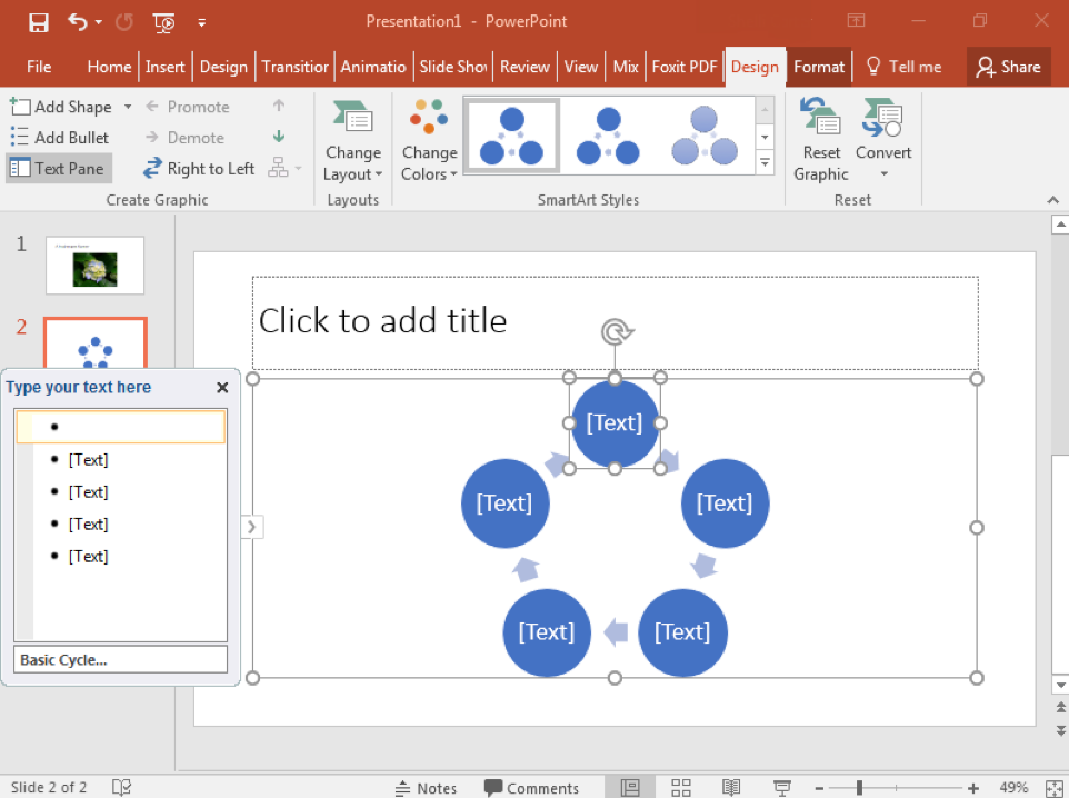 A Microsoft Powerpoint is open with two slides. The second slide has been selected and a smart art cycle has been inserted.