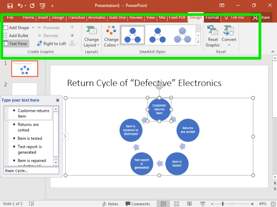 A Microsoft Powerpoint is open with two slides. The second slide has been selected and a smart art cycle has been inserted. A text box to the left has opened allowing access to change the content inside the cycle. A green box in the ribbon has appeared highlighting the design tab in the menu.