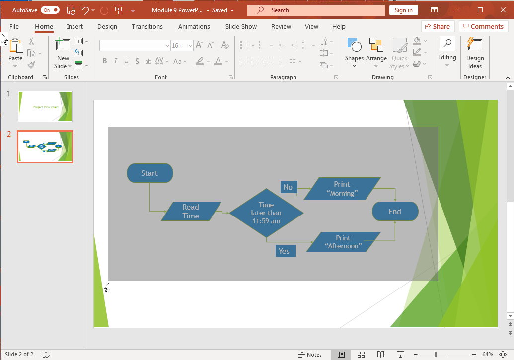 PowerPoint screenshot of flow chart slide with all shapes being selected.