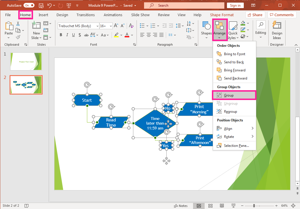 PowerPoint screenshot of flow chart slide with all shapes selected and being grouped.