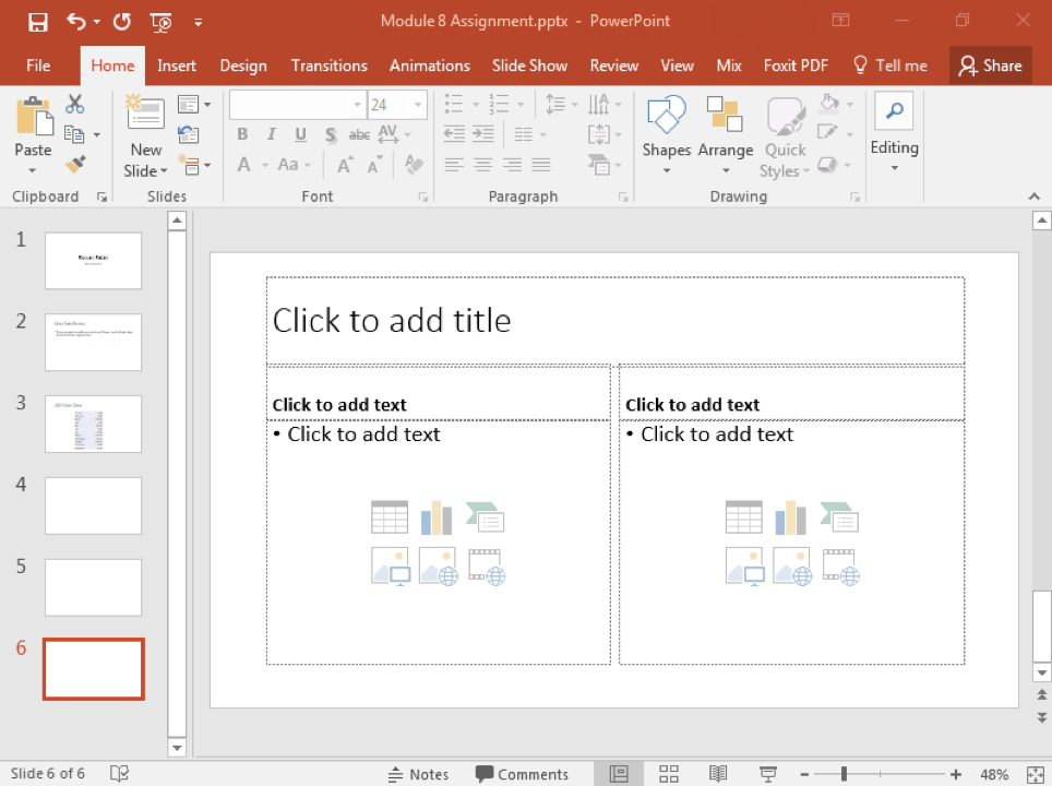 A Microsoft Powerpoint deck is open with 3 slides created. Three new slides have been inserted making it a 6 slide deck now.
