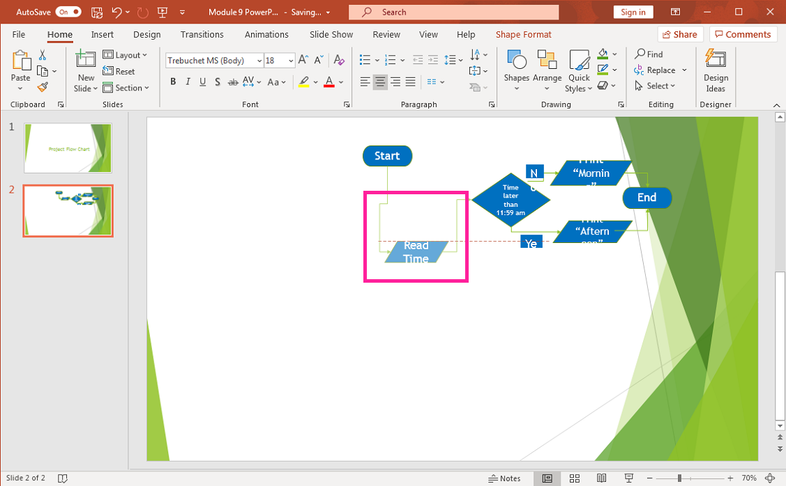 PowerPoint screenshot of grouped flow chart resized and shape being moved to new location within group.