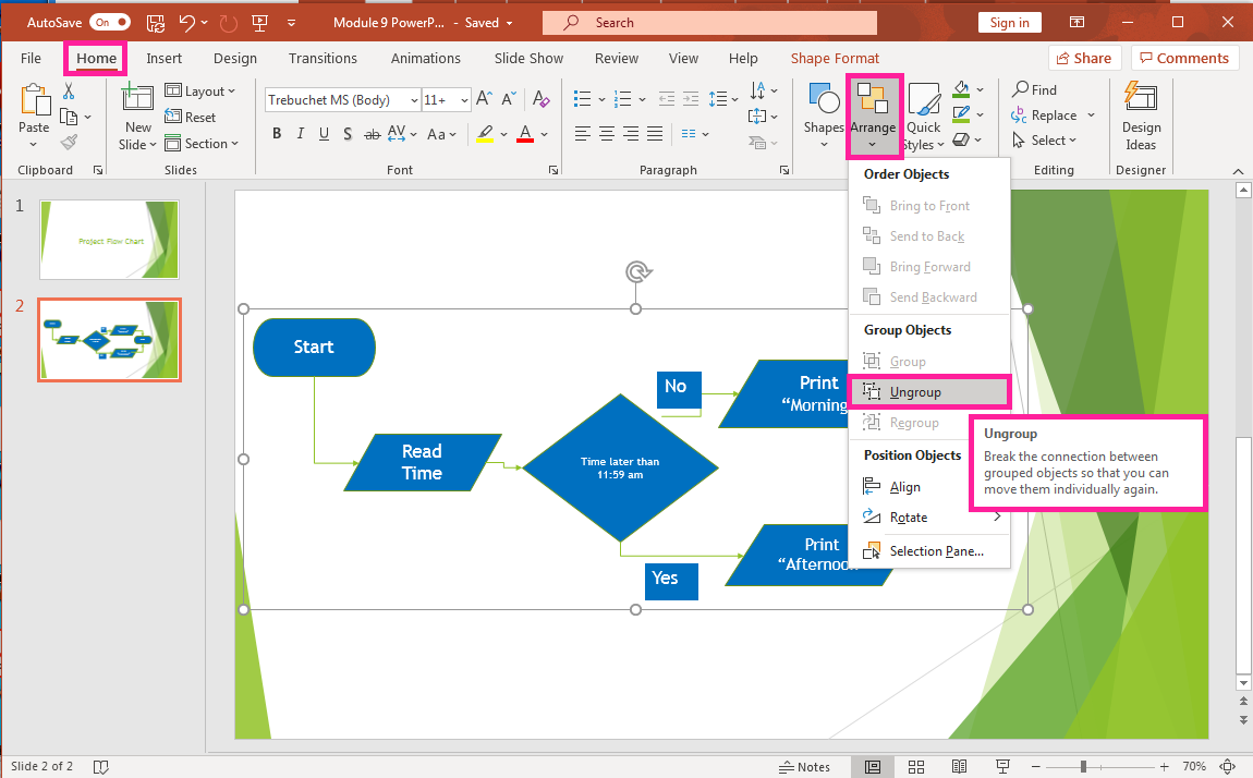 PowerPoint screenshot of flow chart slide with group selected and being ungrouped.