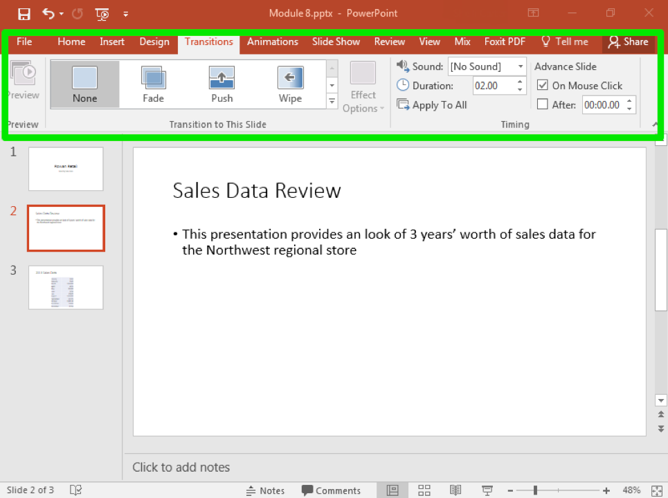 A Microsoft Powerpoint deck is open with 3 slides created. A large green box highlights the transitions tab in the ribbon menu.
