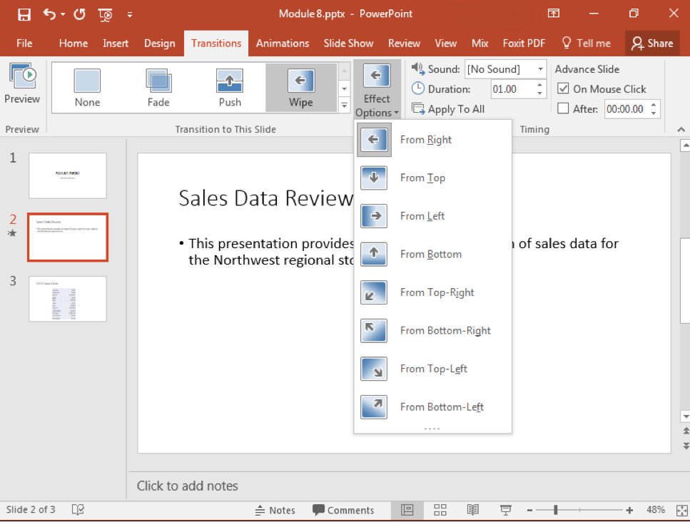 A Microsoft Powerpoint deck is open with 3 slides created. A dropdown menu from the effect options in the transitions tab on the ribbon menu has appeared.