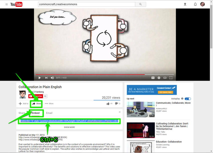 A Youtube video is open. There are three green arrows on the page showing how to share the video. The first arrow is pointing at the share button, the second button is pointing at the option to embed the video and the third shows the link you want to copy to embed the video.