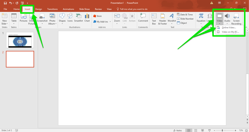 A Microsoft powerpoint is open. There are three green arrows pointing at how to insert a video into the slide. The first arrow is pointing at the insert tab in the ribbon menu, the second is pointing at the video button and the third shows where the online video insert button is.