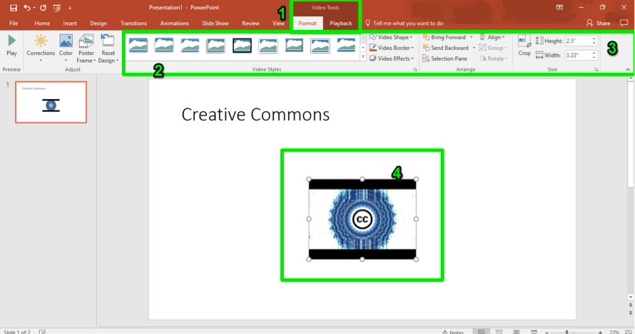 A Microsoft powerpoint is open. A video has been inserted and there are 4 green numbers showing how to edit the video. The first number shows where the video tools button is, the second shows where the video styles feature is. The third shows where the resizing tool can be found and the fourth number represents how you can simply resize the image by dragging it.