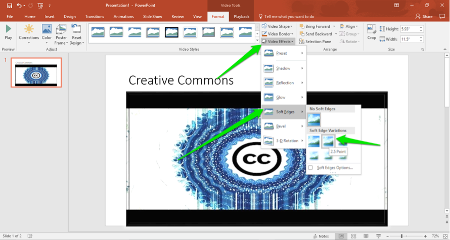 A Microsoft powerpoint is open. A video has been inserted and there are three green arrows pointing out how to make adjustments. The first arrow points at the video effects dropdown menu, the second points at the option to create a soft edge for the video and the third shows that the soft edge has been set at 2.5.