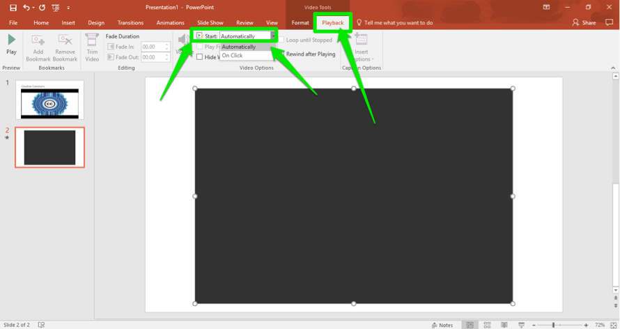 A Microsoft powerpoint is open. A video has been inserted. There are three green arrows on the slide, the first one is pointing at the playback tab in the ribbon menu. The second is pointed at the start button to tell the slide when to play the video and the third shows that the video is set to be played automatically as soon as the slide comes up.