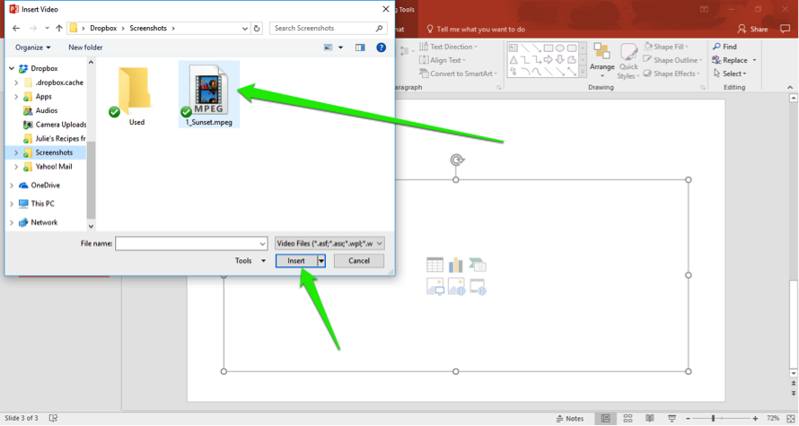 A Microsoft powerpoint is open. An insert video dialog box is open showing video files on the computer. There are two green arrows, one is pointing at the video that has been selected and the other at the insert button.