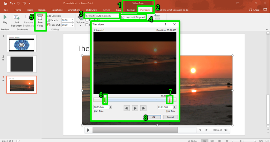 A Microsoft powerpoint is open. A video on the third slide has been inserted. There are 8 numbers showing different aspected of insuring the video into the powerpoint. The first shows where the video tools button is, the second shows where the playback tab is found, the third displays the start button, the fourth shows the loop until stopped feature, the fifth shows how to trim the video, the sixth points at where the start time toggle button is, while the seventh shows where the end time toggle button is and finally the eighth shows the ok button.