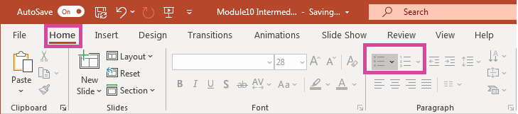 PowerPoint screenshot highlighting Home tab, bullet and number list buttons.