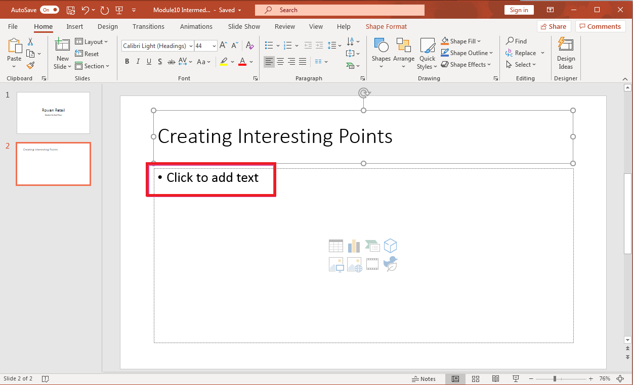 PowerPoint screenshot highlighting Home tab, and new slide waiting for bullet list to be typed into it.