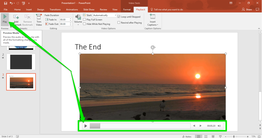 A Microsoft powerpoint is open. A video on the third slide has been inserted. Two green arrows show the two places where you can play the video.