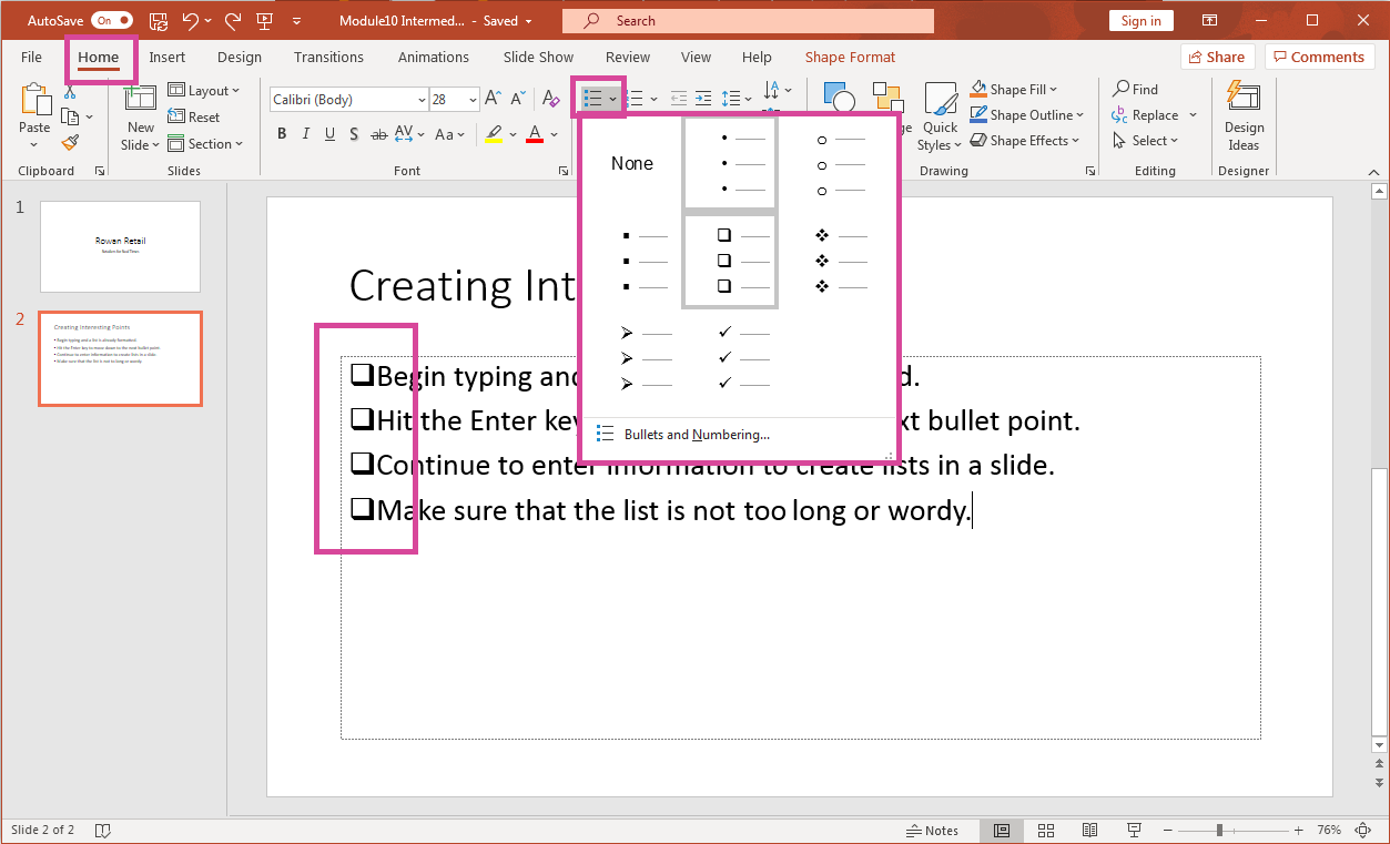 PowerPoint screenshot highlighting Home tab, slide with squares used for bullet point list.