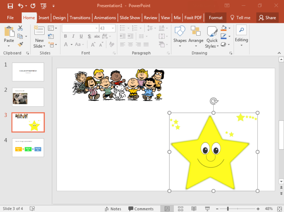 A Microsoft Powerpoint is open with 4 slides displayed. On the third slide two clip art images have been inserted. There is an image of Charlie Brown and friends in the top right of the slide and a smiling yellow star on the bottom right.