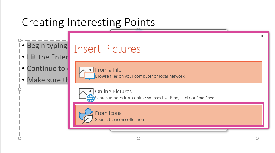 PowerPoint screenshot highlighting insert pictures window to use for a choosing a file, online pictures or icons to use in a list.