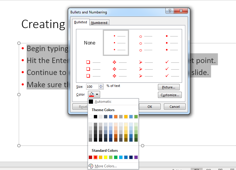 PowerPoint screenshot highlighting Bullets and Numbering window to use for a choosing a color to change the bullet points into in a slide list.