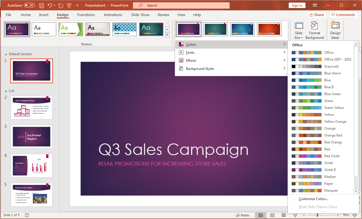 PowerPoint screenshot of open presentation with the color theme menu open to see.