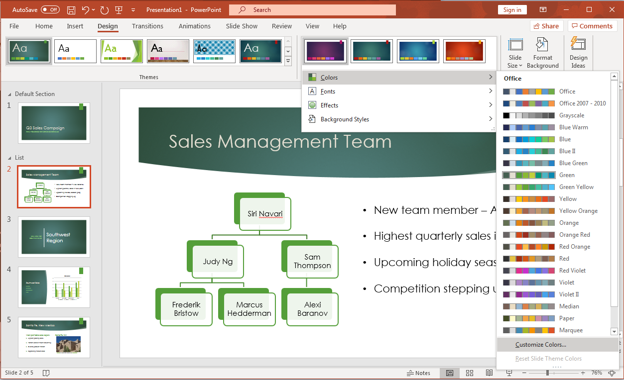 PowerPoint screenshot of open presentation with the color theme menu open to see and the Customize Color option highlighted.