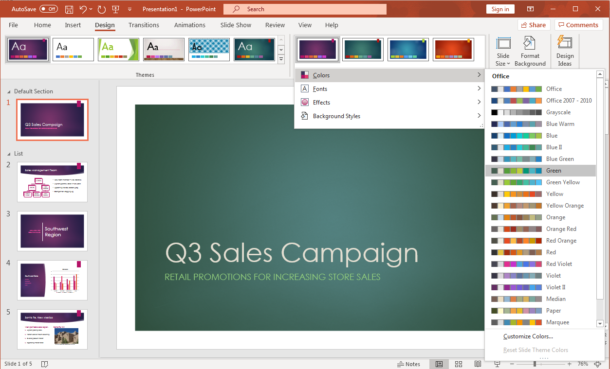 PowerPoint screenshot of open presentation with the color theme menu open to see and a new color for the current slide as the themes are hovered over with the cursor.
