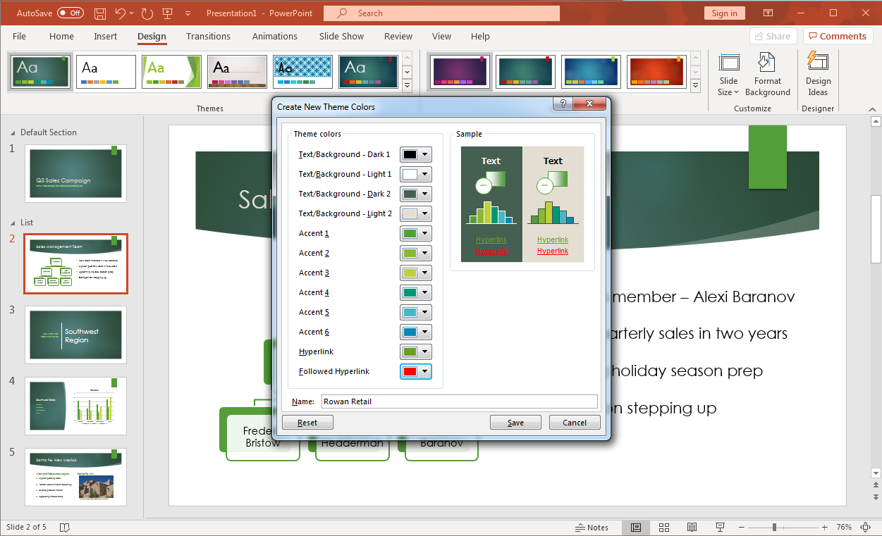 PowerPoint screenshot of open presentation with create new theme colors window open and a few areas displaying newly chosen colors.