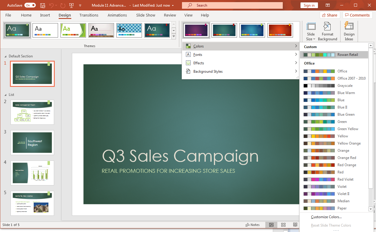 PowerPoint screenshot of open presentation with a new custom color theme selected and all of the slides now reflecting this color theme.